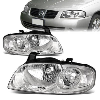 04-06 Nissan Sentra Headlights - Chrome Housing - Clear Lens - Clear Corner - Plug-n-Play - Pair