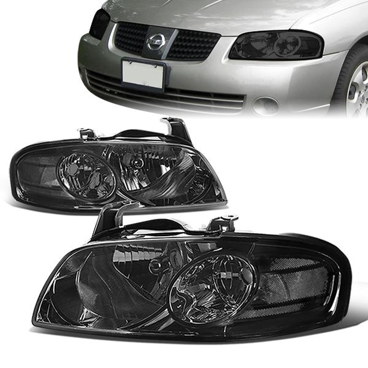 04-06 Nissan Sentra Headlights - Smoked Housing - Smoked Lens - Clear Corner - Plug-n-Play - Pair