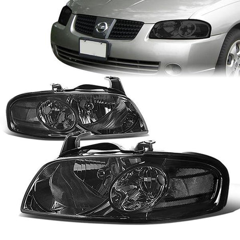 04-06 Nissan Sentra Headlights - Smoked Housing - Smoked Lens - Clear Corner - Plug-n-Play - Pair
