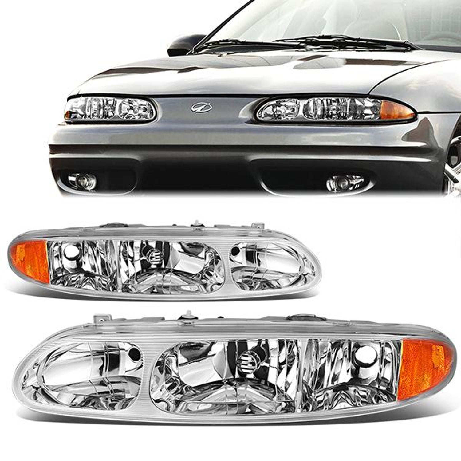 99-04 Oldsmobile Alero Headlights - Chrome Housing - Clear Lens - Amber Corner - Plug-n-Play - Pair