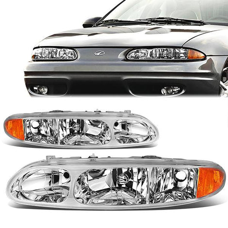 99-04 Oldsmobile Alero Headlights - Chrome Housing - Clear Lens - Amber Corner - Plug-n-Play - Pair