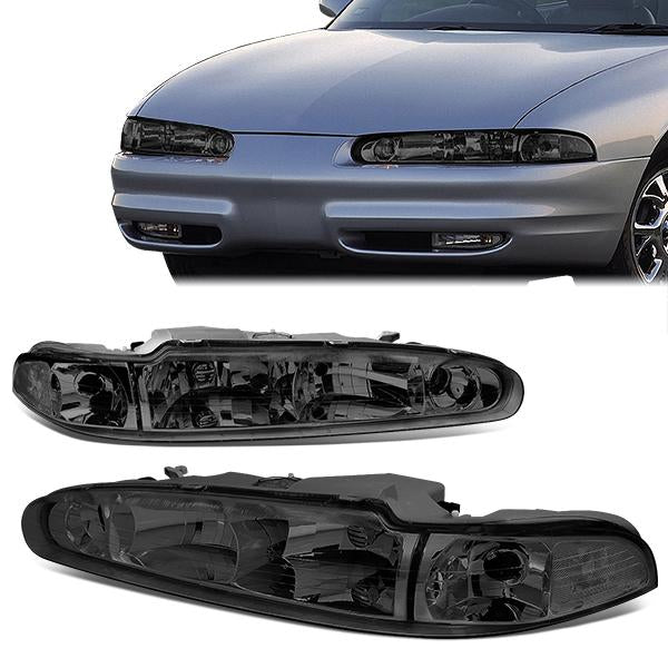 98-02 Oldsmobile Intrigue Headlights - Smoked Housing - Smoked Lens - Clear Corner - Plug-n-Play - Pair