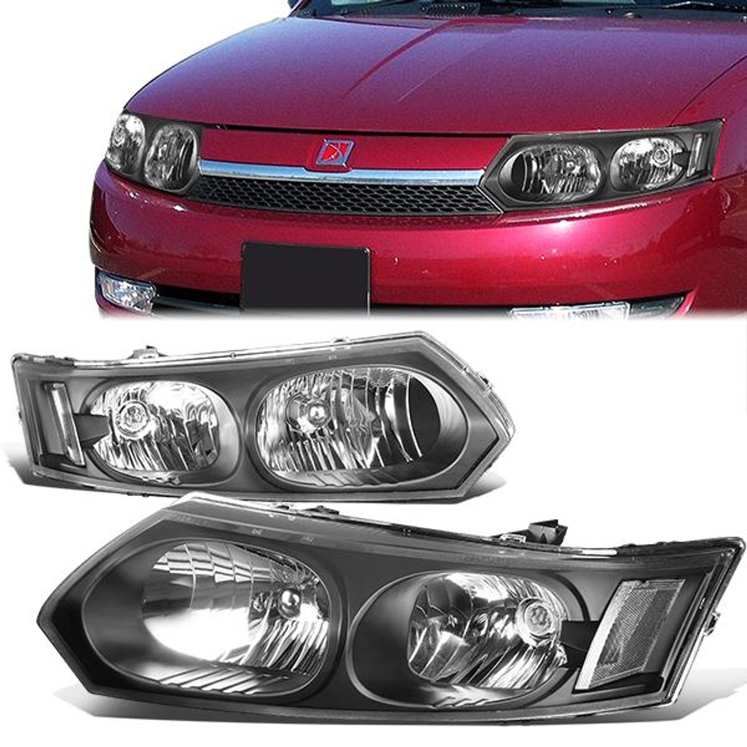 03-07 Saturn Ion Headlights - Black Housing - Clear Lens - Clear Corner - Plug-n-Play - Pair