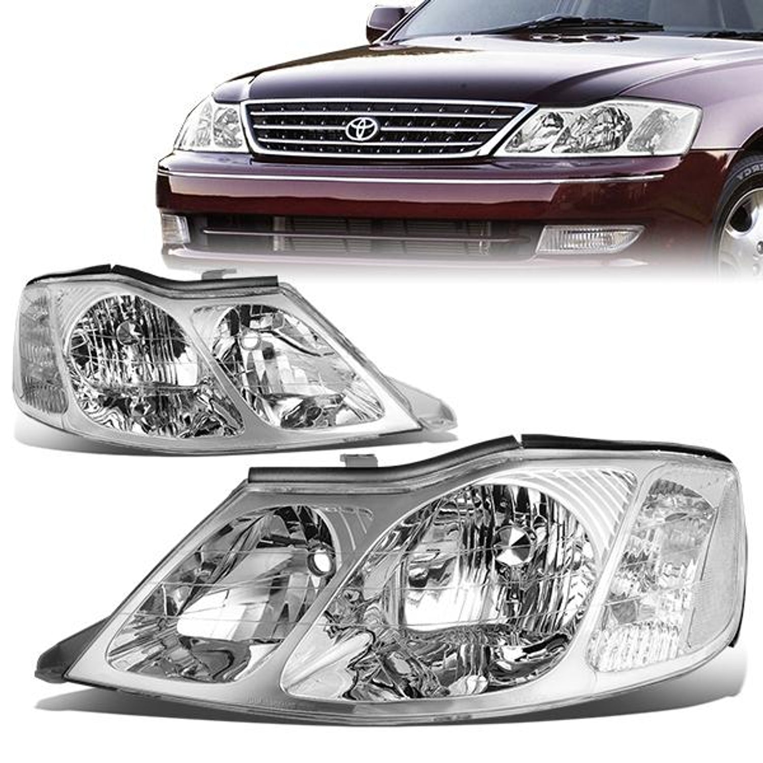 00-04 Toyota Avalon Headlights - Chrome Housing - Clear Lens - Clear Corner - Plug-n-Play - Pair