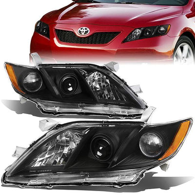 07-09 Toyota Camry Headlights - Black Housing - Amber Corner - Projector - Plug-n-Play - Pair