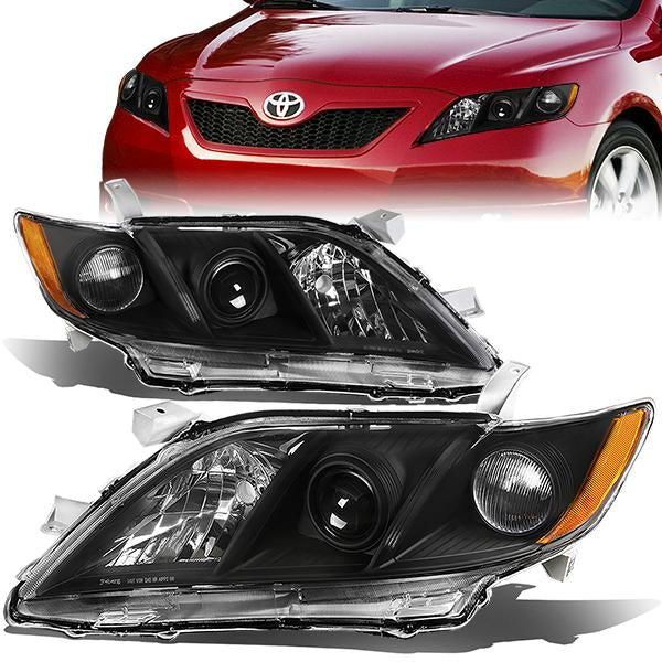 07-09 Toyota Camry Headlights - Black Housing - Amber Corner - Projector - Plug-n-Play - Pair