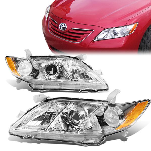 07-09 Toyota Camry Headlights - Chrome Housing - Amber Corner - Projector - Plug-n-Play - Pair