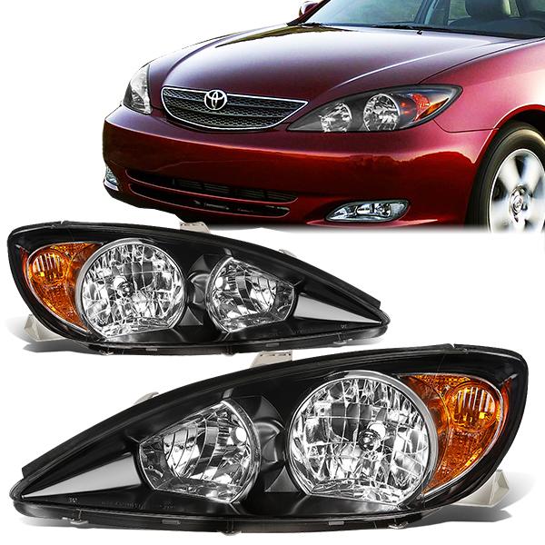 02-04 Toyota Camry Headlights - Black Housing - Amber Corner - Plug-n-Play - Pair