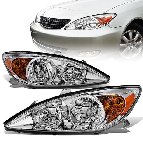 02-04 Toyota Camry Headlights - Chrome Housing - Amber Corner - Plug-n-Play - Pair