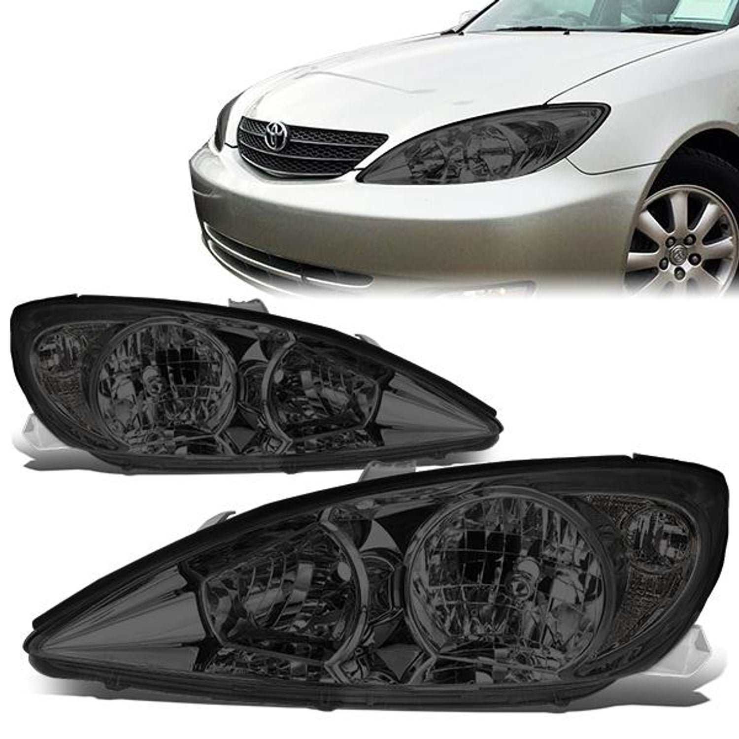 02-04 Toyota Camry Headlights - Smoked Housing - Smoked Lens - Clear Corner - Plug-n-Play - Pair