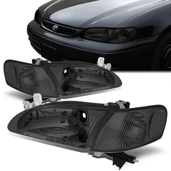 98-00 Toyota Corolla Headlights - Smoked Lens - Clear Corner - Plug-n-Play - Pair