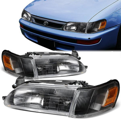 93-97 Toyota Corolla Headlights - Black Housing - Clear Lens - Amber Corner - Plug-n-Play - Pair