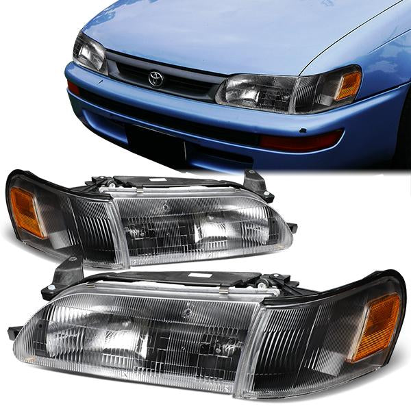 93-97 Toyota Corolla Headlights - Black Housing - Clear Lens - Amber Corner - Plug-n-Play - Pair
