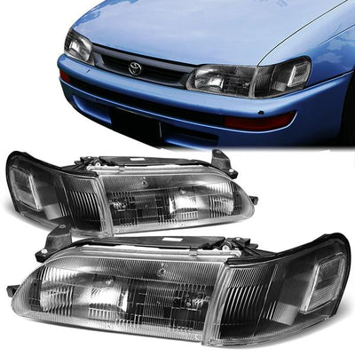 93-97 Toyota Corolla Headlights - Black Housing - Clear Lens - Clear Corner - Plug-n-Play - Pair
