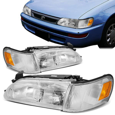 93-97 Toyota Corolla Headlights - Chrome Housing - Clear Lens - Amber Corner - Plug-n-Play - Pair