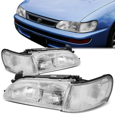 93-97 Toyota Corolla Headlights - Chrome Housing - Clear Lens - Clear Corner - Plug-n-Play - Pair