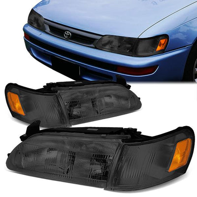 93-97 Toyota Corolla Headlights - Smoked Housing - Smoked Lens - Amber Corner - Plug-n-Play - Pair