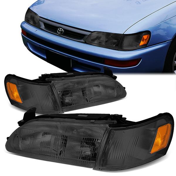 93-97 Toyota Corolla Headlights - Smoked Housing - Smoked Lens - Amber Corner - Plug-n-Play - Pair