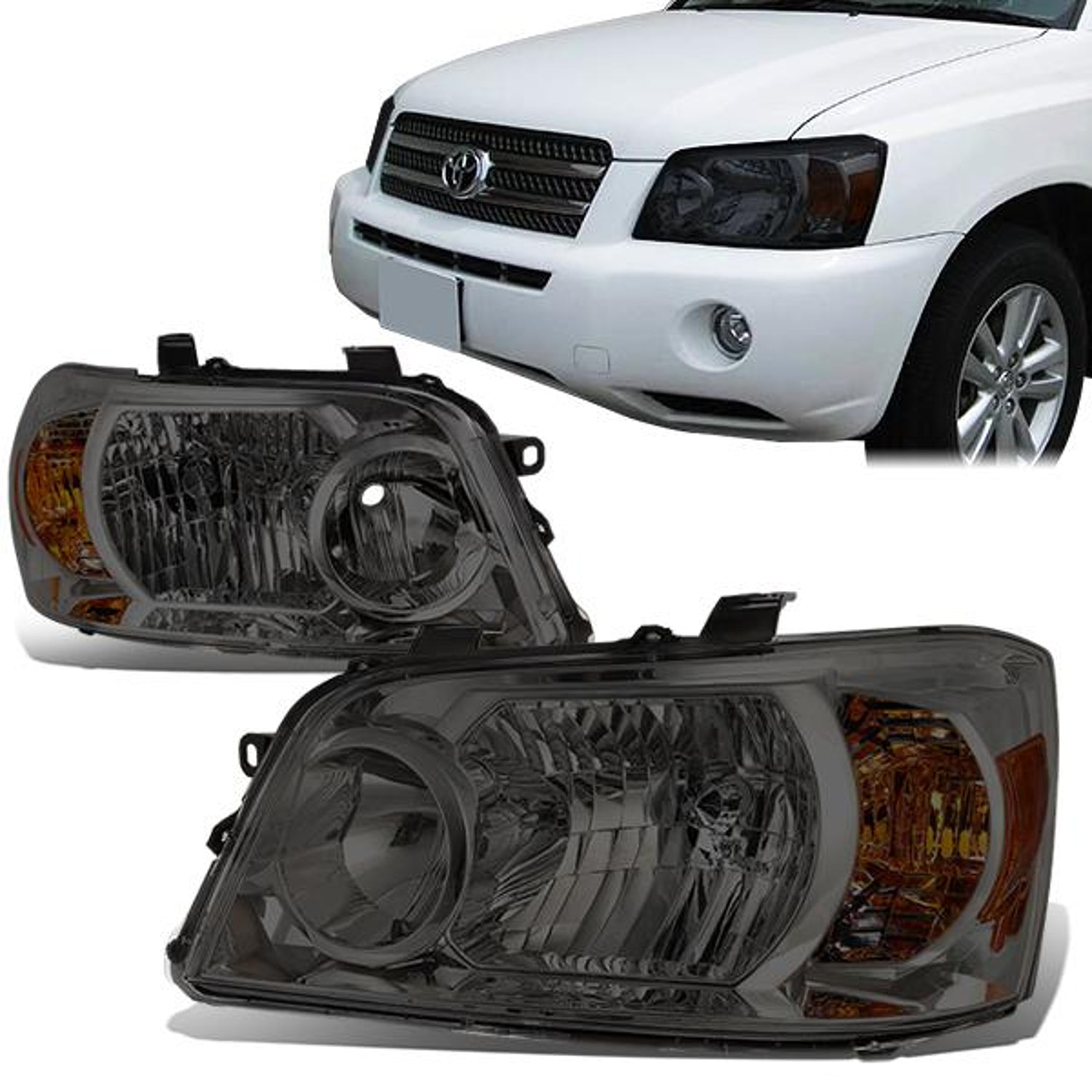 04-06 Toyota Highlander Headlights - Smoked Housing - Smoked Lens - Amber Corner - Plug-n-Play - Pair