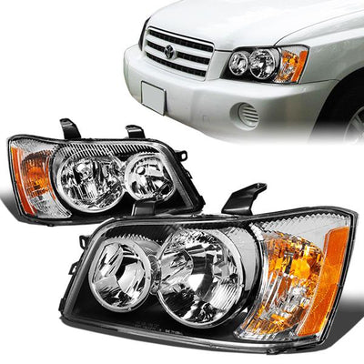 01-03 Toyota Highlander Headlights - Black Housing - Clear Lens - Amber Corner - Plug-n-Play - Pair