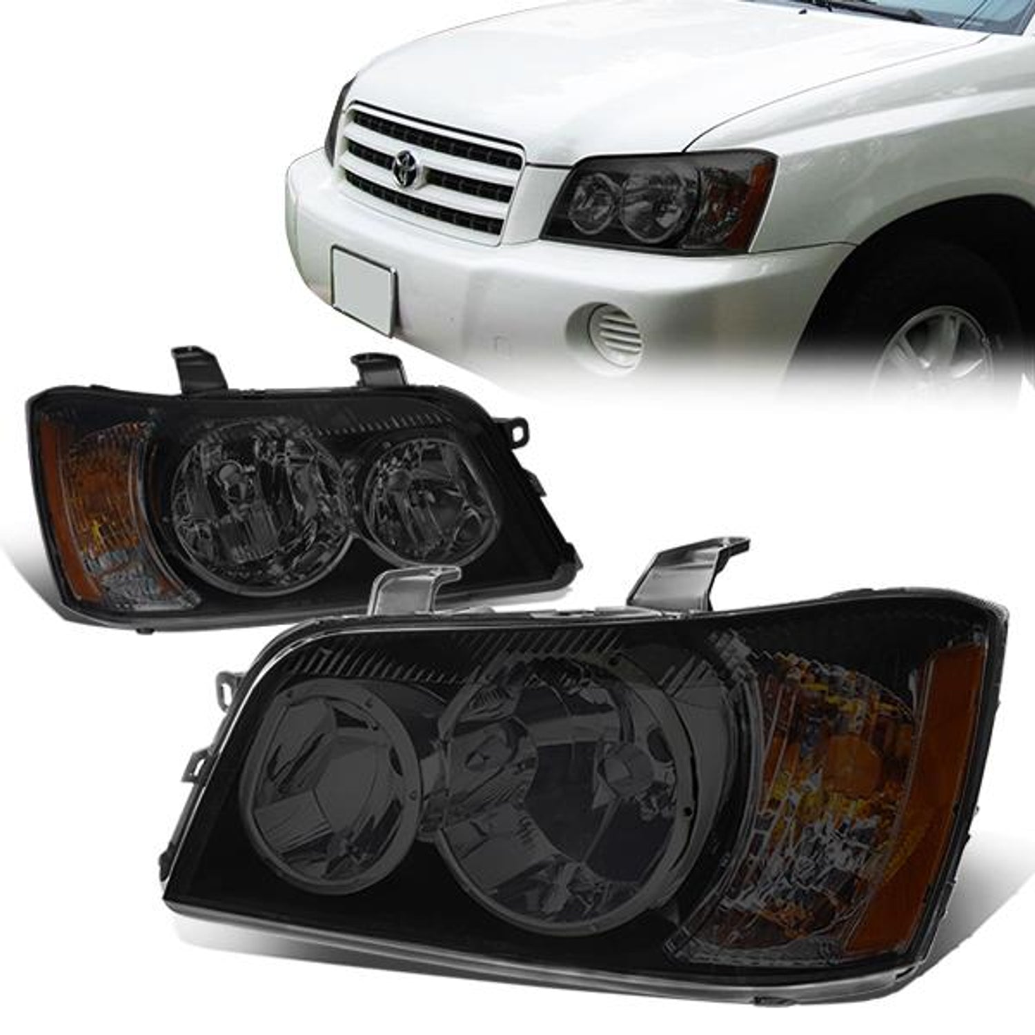 01-03 Toyota Highlander Headlights - Smoked Housing - Smoked Lens - Amber Corner - Plug-n-Play - Pair