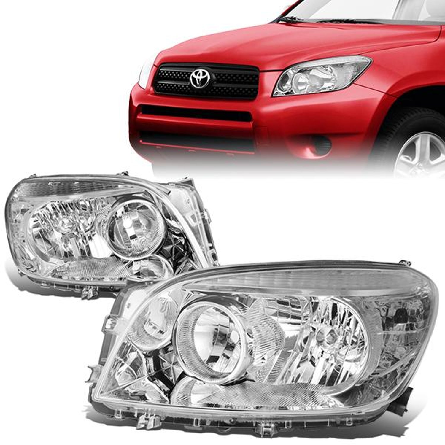 06-08 Toyota RAV4 Headlights - Chrome Housing - Clear Lens - Clear Corner - Plug-n-Play - Pair