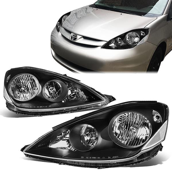 06-10 Toyota Sienna Headlights - Black Housing - Clear Corner - Plug-n-Play - Pair