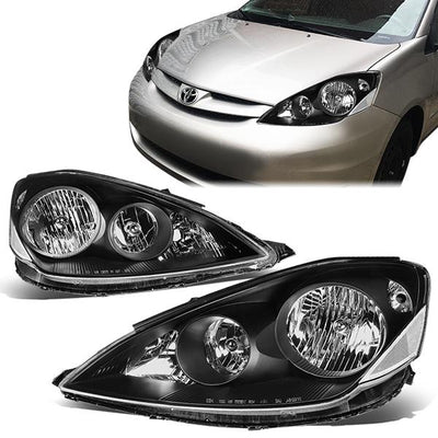 06-10 Toyota Sienna Headlights - Black Housing - Clear Corner - Plug-n-Play - Pair