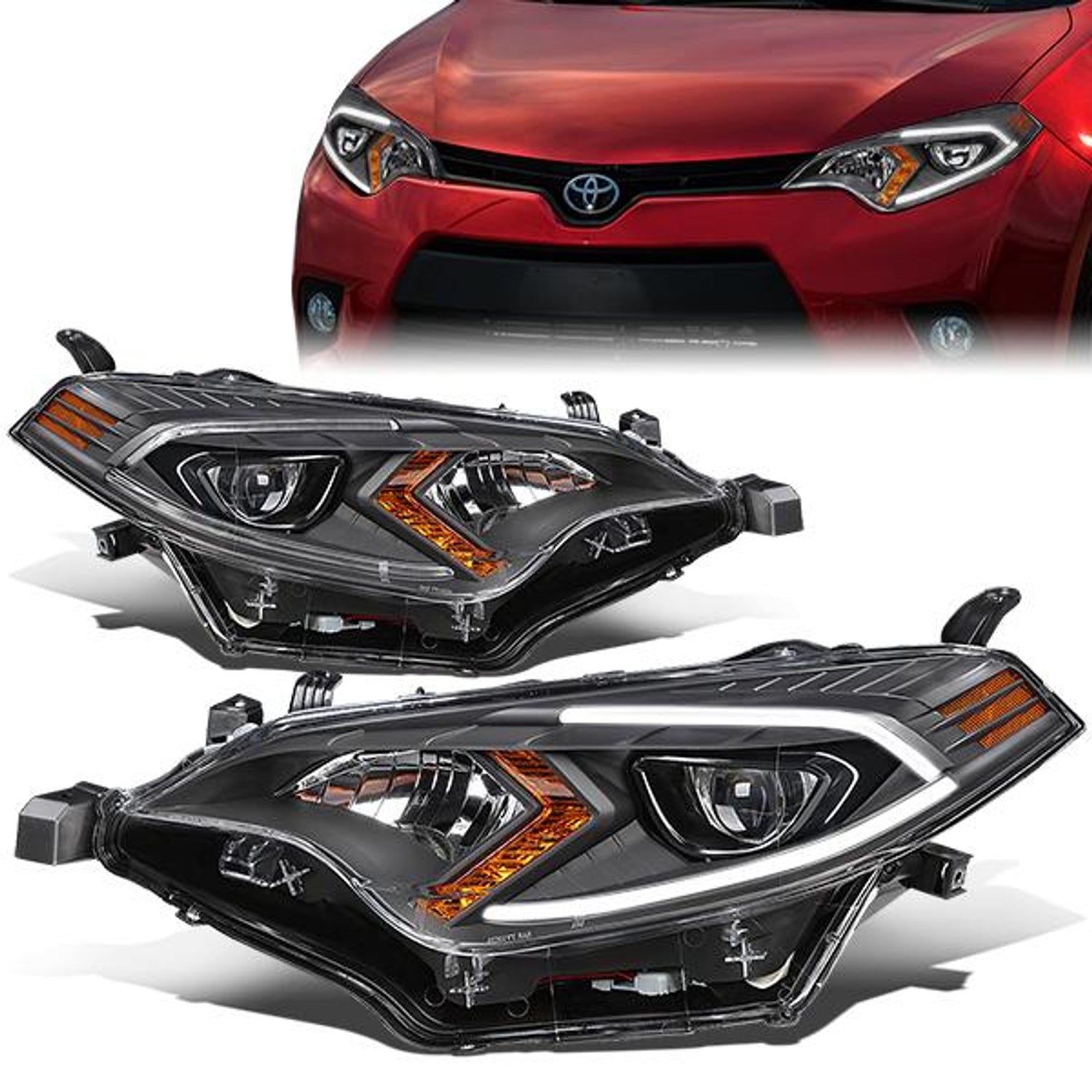 14-16 Toyota Corolla Headlights - LED DRL - Black Housing - Clear Lens - Amber Corner - Projector - Plug-n-Play - Pair