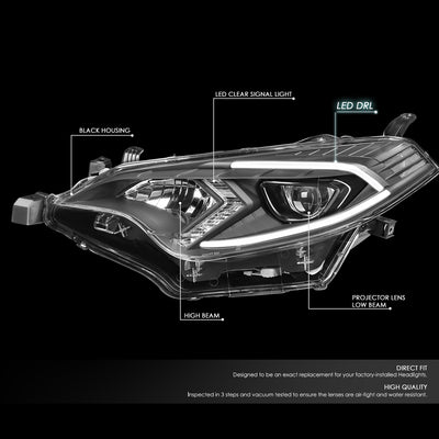 D-Motoring - Headlights - LED DRL - Black Housing - Clear Lens - Clear Corner - Projector - Plug-n-Play - Pair - 14-16 Toyota Corolla Sedan - 2