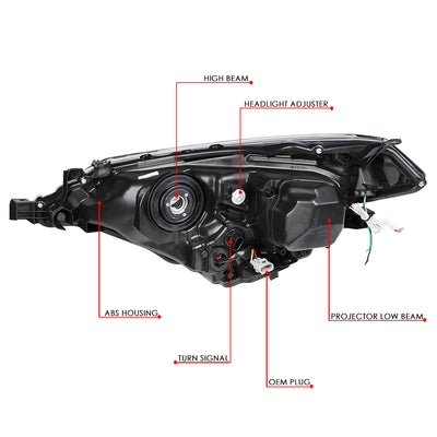 D-Motoring - Headlights - LED DRL - Black Housing - Clear Lens - Clear Corner - Projector - Plug-n-Play - Pair - 14-16 Toyota Corolla Sedan - 6
