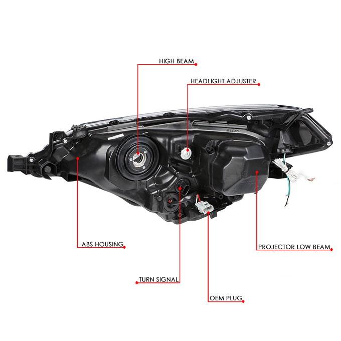 D-Motoring - Headlights - LED DRL - Black Housing - Clear Lens - Clear Corner - Projector - Plug-n-Play - Pair - 14-16 Toyota Corolla Sedan - 6