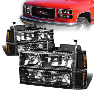 94-00 Chevy C K Headlights - Black Housing - Amber Corner - Plug-n-Play - Pair