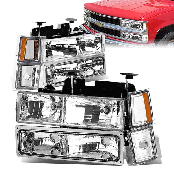 94-99 Chevrolet Pickup Suburban C 1500 2500 3500 Headlights - Chrome Housing - Amber Corner - Plug-n-Play - Pair