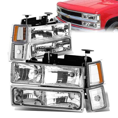 94-99 Chevrolet Pickup Suburban C 1500 2500 3500 Headlights - Chrome Housing - Amber Corner - Plug-n-Play - Pair