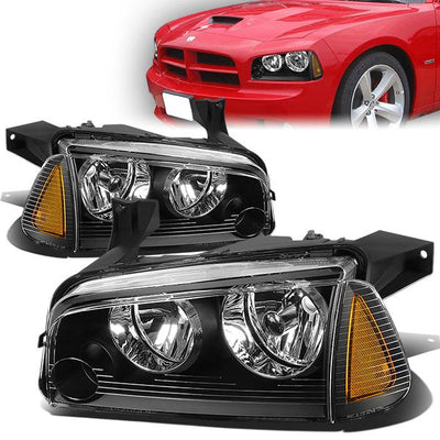 06-10 Dodge Charger Headlights - Black Housing - Amber Corner - Plug-n-Play - Pair