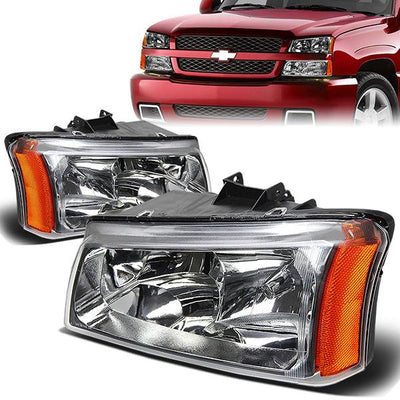 03-06 Chevy Chevrolet Avalanche Silverado 1500 3500 2500 Headlights - Chrome Housing - Amber Corner - Plug-n-Play - Pair
