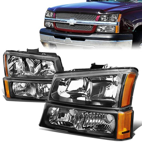 03-06 Chevy Chevrolet Avalanche Silverado 1500 3500 2500 Headlights - Black Housing - Amber Corner - Plug-n-Play - Pair