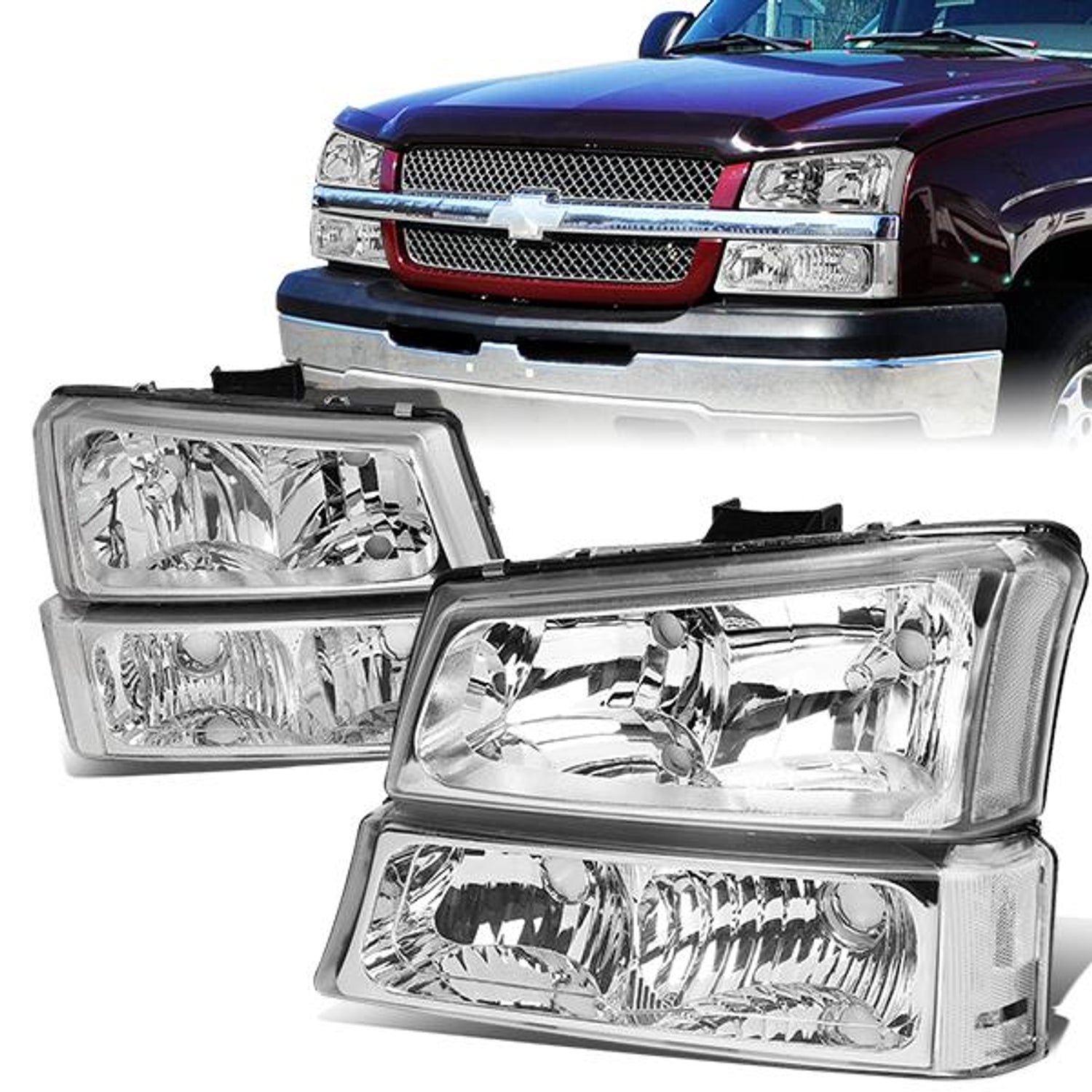 03-06 Chevy Chevrolet Avalanche Silverado 1500 3500 2500 Headlights - Chrome Housing - Plug-n-Play - Pair