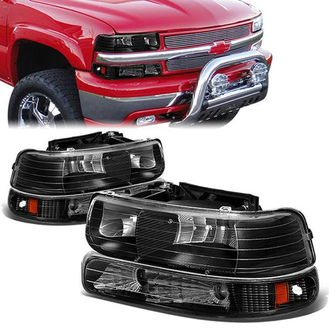 99-06 Chevrolet Silverado Suburban 1500 2500 3500 Tahoe Headlights - Black Housing - Amber Corner - Plug-n-Play - Pair