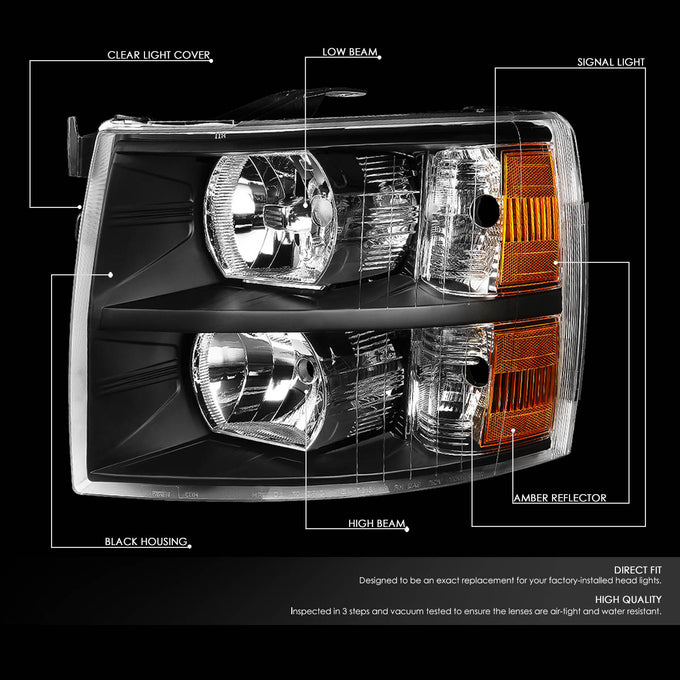 D-Motoring - 07-14 Chevy Silverado  Headlights - Black Housing - Amber Reflector - Plug-n-Play - Pair - 2