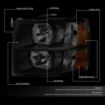 D-Motoring - 7-14 Chevy Silverado 1500 2500 3500 Headlights - Smoked Lens - Amber Corner - Plug-n-Play - Pair - 2