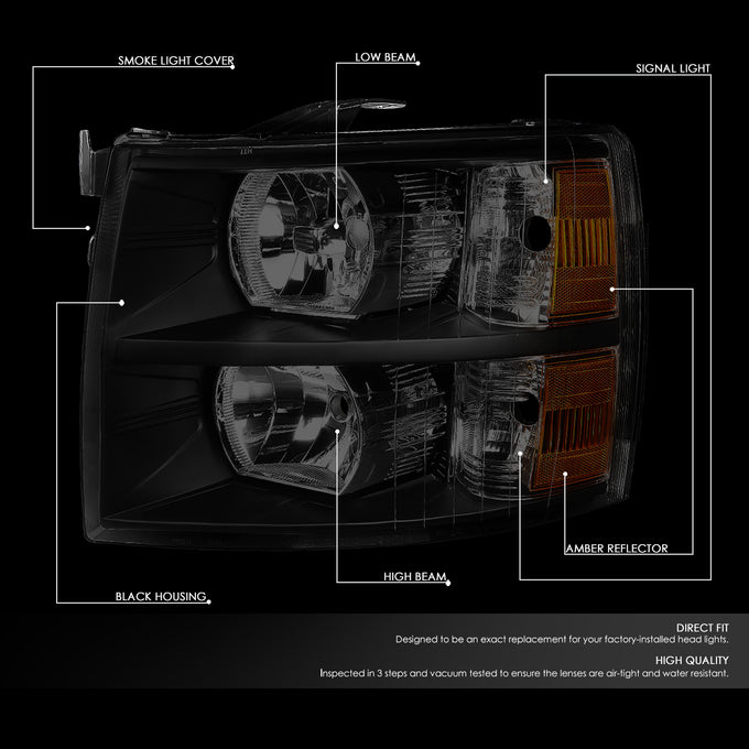 D-Motoring - 7-14 Chevy Silverado 1500 2500 3500 Headlights - Smoked Lens - Amber Corner - Plug-n-Play - Pair - 2