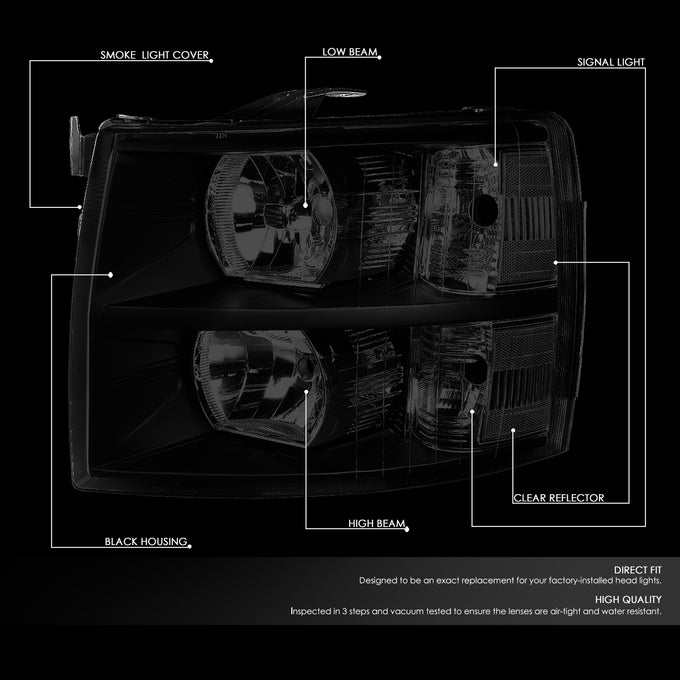 D-Motoring - 7-14 Chevy Silverado 1500 2500 3500 Headlights - Smoked Lens - Clear Corner - Plug-n-Play - Pair - 2