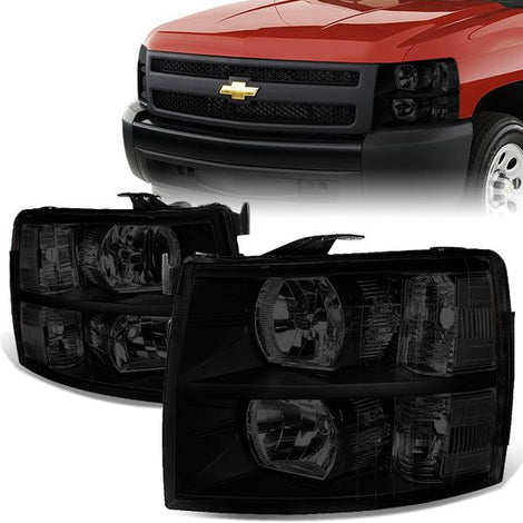 7-14 Chevy Silverado 1500 2500 3500 Headlights - Smoked Lens - Clear Corner - Plug-n-Play - Pair