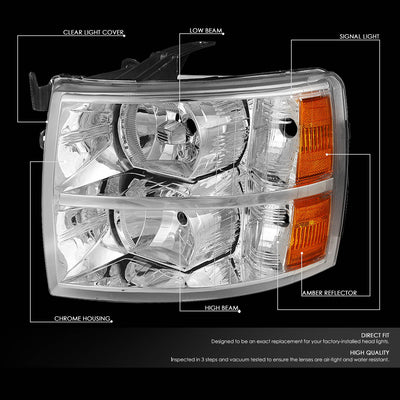 D-Motoring - 07-14 Chevy Silverado  Headlights - Chrome Housing - Amber Corner - Plug-n-Play - 1 Set - 2