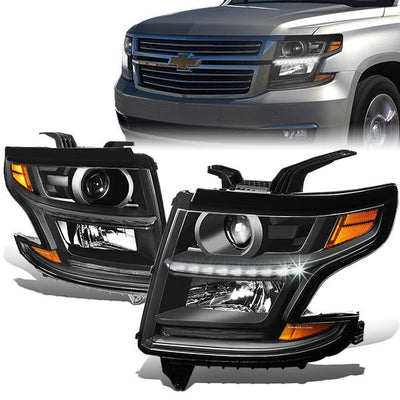 15-17 Chevrolet Tahoe Suburban Headlights - LED DRL - Black Housing - Amber Corner - Projector - Plug-n-Play - Pair