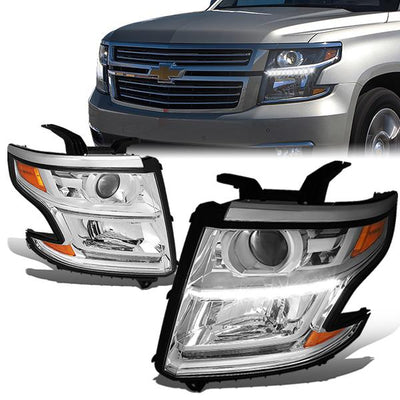 15-17 Chevrolet Tahoe Suburban Headlights - LED DRL - Chrome Housing - Amber Corner - Projector - Plug-n-Play - Pair