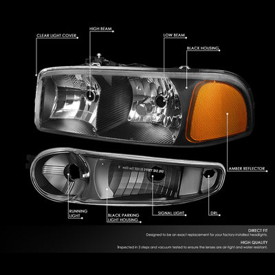 D-Motoring - Headlights - Black Housing - Clear Lens - Amber Corner - Plug-n-Play - Pair - GMC SIERRA C3 / 1500 DENALI / CLASSIC / GMC YUKON DENALI / XL 1500 DENALI - 2