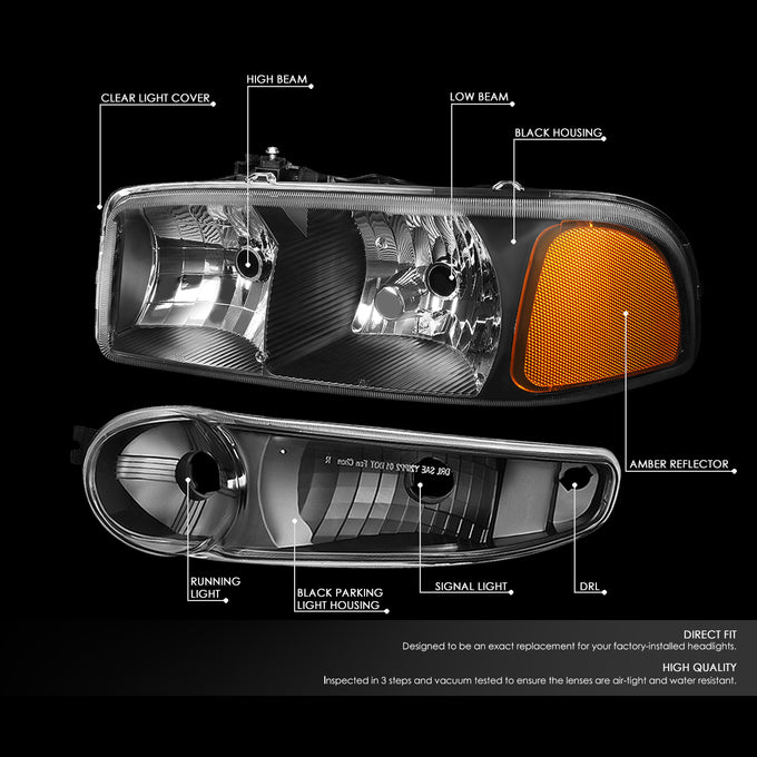 D-Motoring - Headlights - Black Housing - Clear Lens - Amber Corner - Plug-n-Play - Pair - GMC SIERRA C3 / 1500 DENALI / CLASSIC / GMC YUKON DENALI / XL 1500 DENALI - 2